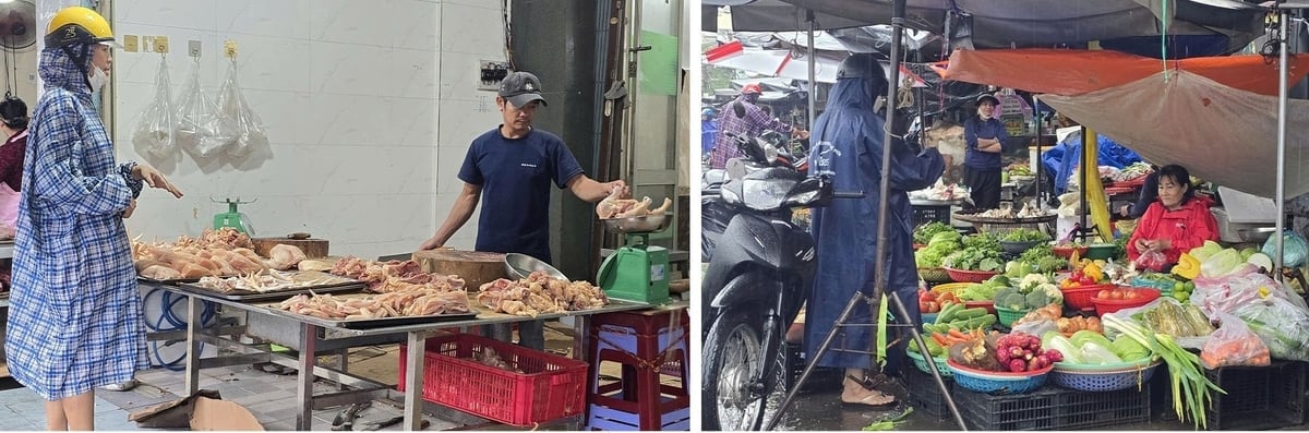 Незважаючи на дощ, люди все ще активно виходять купувати продукти. Фото: Фуонг Чі. Mặc dù trời mưa nhưng người dân vẫn tích cực đi mua thực phẩm. Ảnh: Phương Chi.