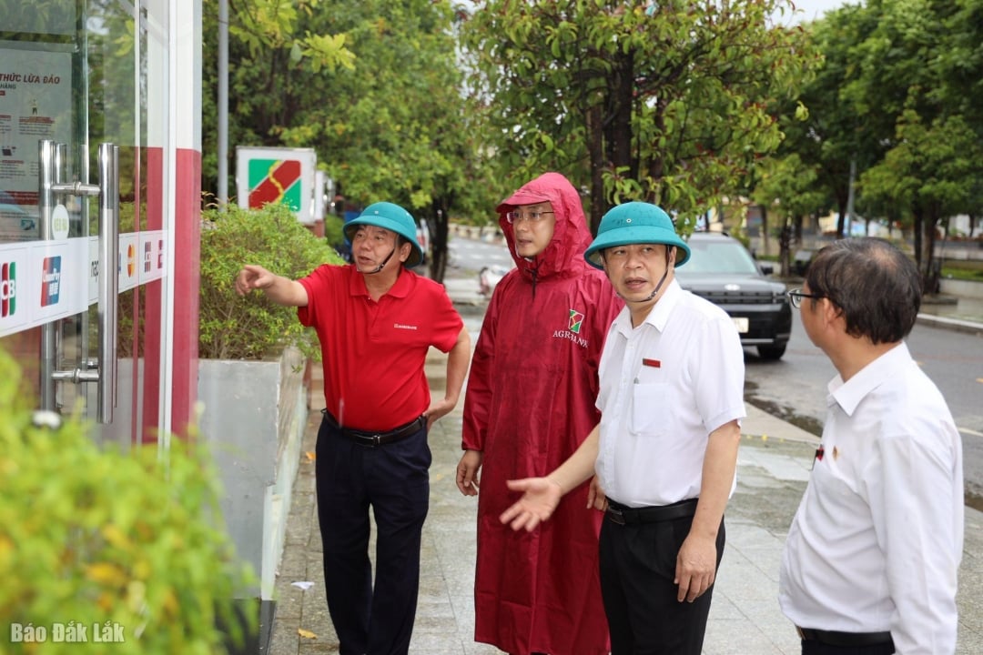 Direktøren for Agribank Phu Yen-filialen Phan Thong Thai (andre fra høyre) instruerte filialpersonalet til å sjekke og sikre eiendelenes sikkerhet før storm nr. 13.