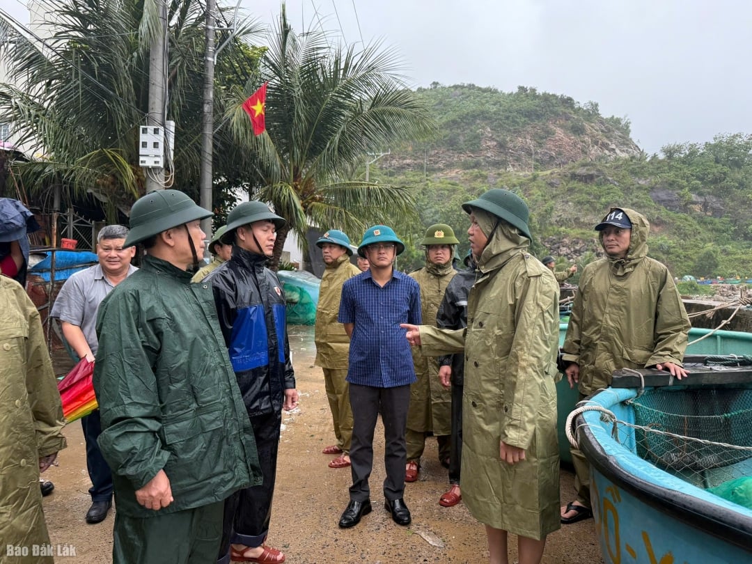 O vice-presidente do Comitê Popular Provincial, Dao My, inspecionou os trabalhos de resposta à tempestade nº 13 na área do dique, vila 2, comuna de Xuan Loc. Foto: Ha My
