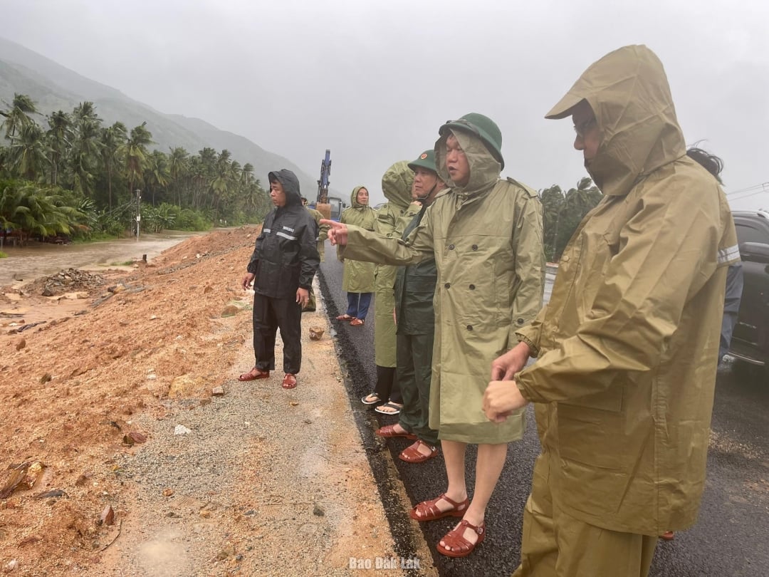 Vicepreședintele Comitetului Popular Provincial, Dao My, a inspectat lucrările de intervenție la furtuna nr. 13 din comuna Xuan Loc. Foto: Ha My