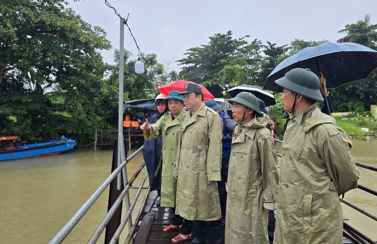 Ordföranden för Khanh Hoas provinsiella folkkommitté, Nguyen Khac Toan, inspekterar området kring träbron Phu Kieng. Foto: Phuong Chi. Chủ tịch UBND tỉnh Khánh Hòa Nguyễn Khắc Toàn kiểm tra tại khu vực cầu gỗ Phú Kiểng. Ảnh: Phương Chi.