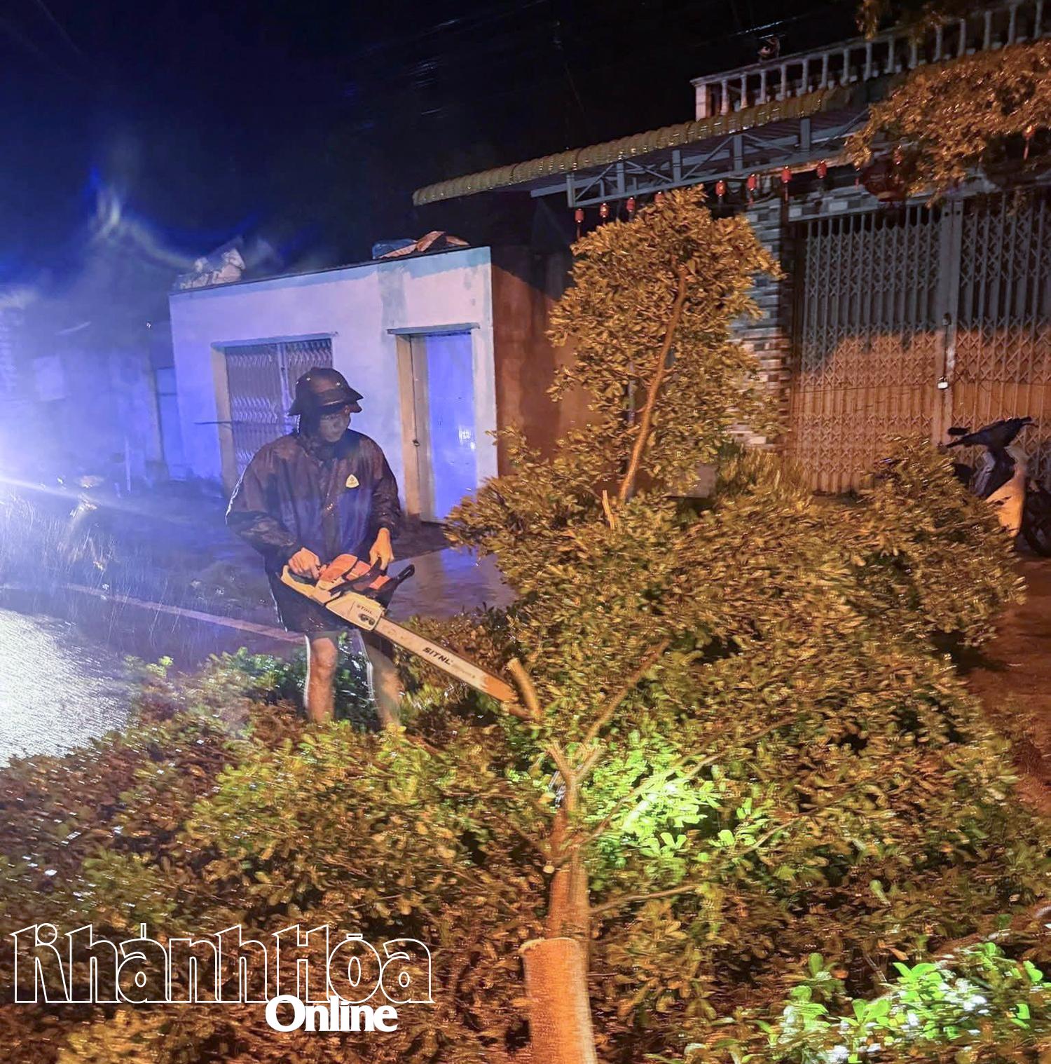 Lực lượng chức năng xã Tu Bông có mặt để xử lý cây ngã đổ.