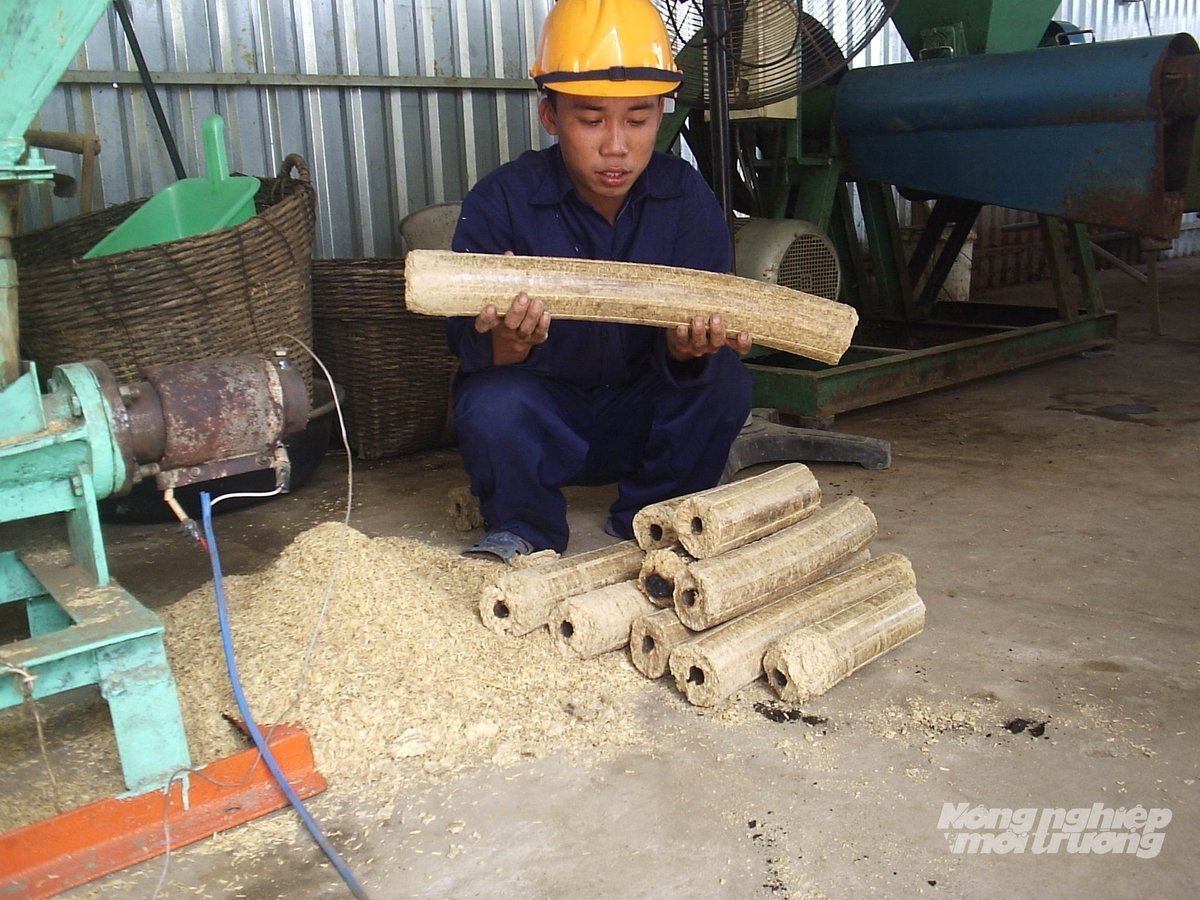 Arbetare kontrollerar vedprodukter från komprimerade risskal – en lösning för att använda risbiprodukter för att skapa miljövänligt biobränsle. Foto: Le Hoang Vu. Công nhân kiểm tra sản phẩm củi trấu nén - giải pháp tận dụng phụ phẩm lúa gạo để tạo nhiên liệu sinh học thân thiện với môi trường. Ảnh: Lê Hoàng Vũ.