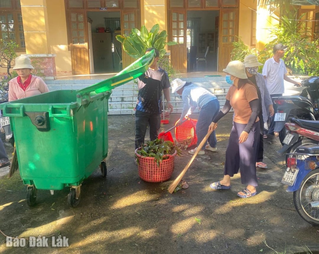 Cán bộ, công chức thu dọn cây cối ở cơ quan công sở