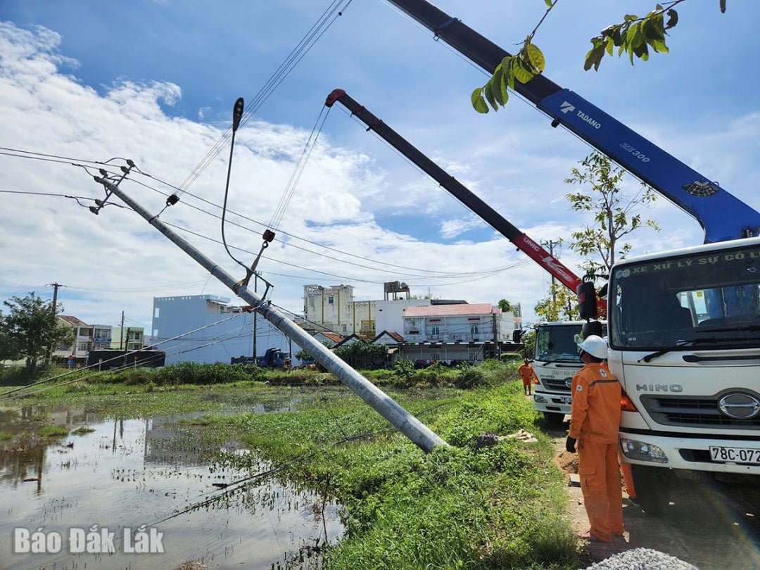 Elarbetare reparerar skador på elnätet för att återställa strömmen till människorna i Dong Hoa-distriktet (foto: Van Tai)