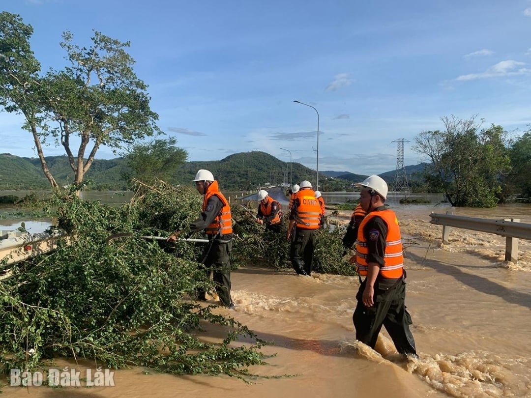 កម្លាំងសង្គ្រោះរបស់ប៉ូលិសខេត្តបានឈូសឆាយដើមឈើរលំនិងឈូសឆាយផ្លូវដែលបិទក្នុងឃុំ Dong Xuan។