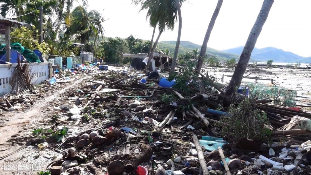 Pokok tumbang dan sangkar akuakultur dihanyutkan ke darat oleh ombak ribut.