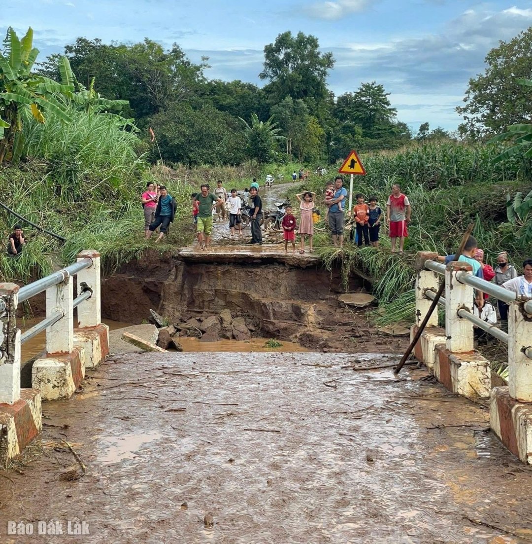 Khu vực cầu số 2 (Buôn HMông) bị sập do do lượng nước lớn từ thượng nguồn chảy về kèm theo g cây bụi, rác, gây tắc một phần dòng chảy ở nhịp cầu, sập cầu.