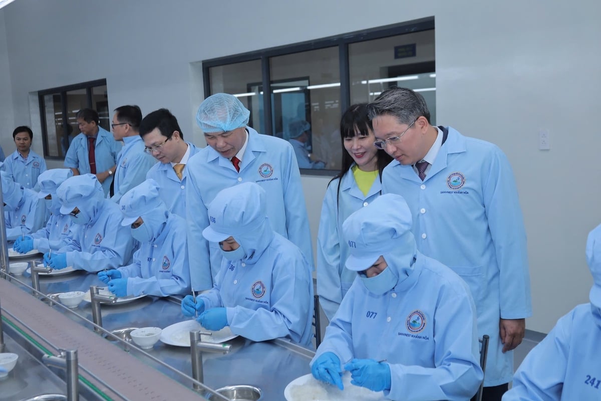 អនុរដ្ឋមន្ត្រីក្រសួងកសិកម្ម និងបរិស្ថាន លោក Phung Duc Tien (កណ្តាល) បានទៅទស្សនារោងចក្រកែច្នៃរបស់ក្រុមហ៊ុន Khanh Hoa Salanganes Nest ក្នុងឱកាសដែលក្រុមហ៊ុនបាននាំចេញការនាំចេញជាផ្លូវការលើកដំបូងទៅកាន់ប្រទេសចិន។ រូបថត៖ ភី.ស៊ី.