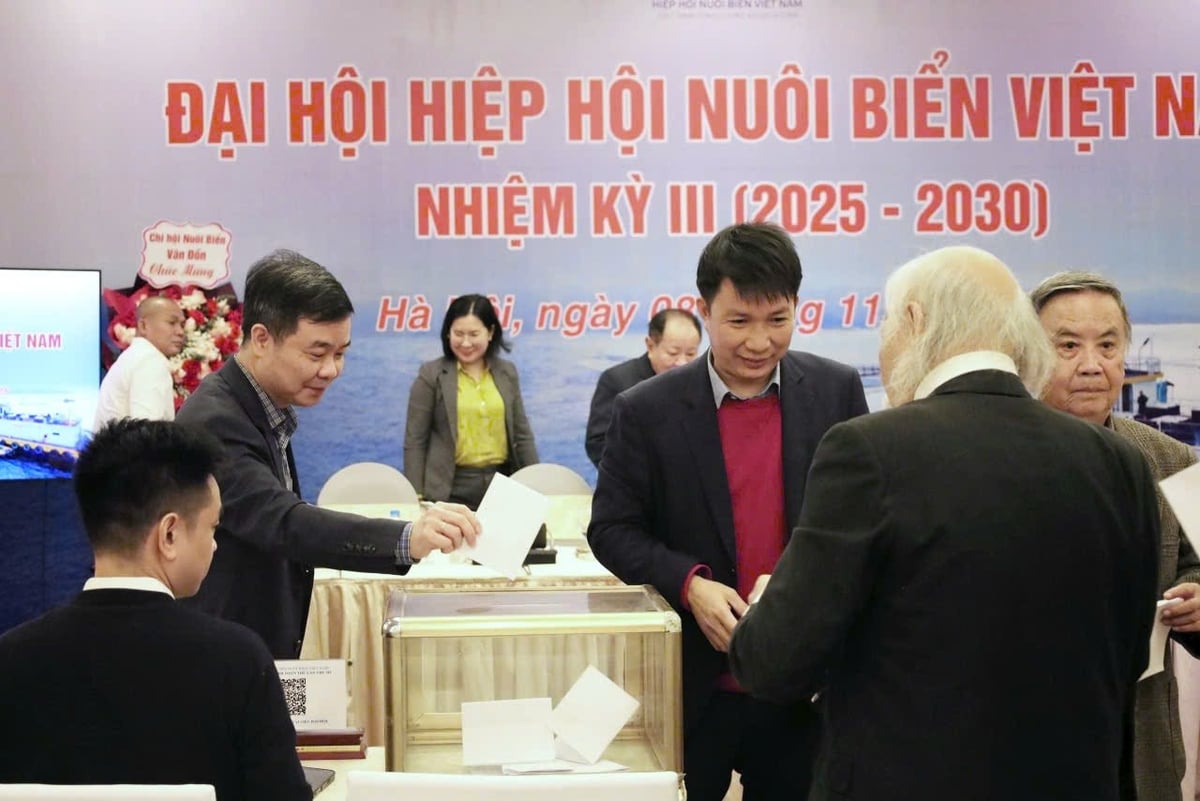 Các đại biểu bỏ phiếu bầu Ban Chấp hành nhiệm kỳ 2025-2030 của Hiệp hội Nuôi biển Việt Nam. Ảnh: Hồng Ngọc.
