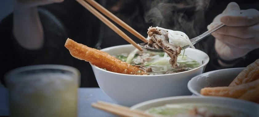 A hot bowl of beef pho in Hanoi.