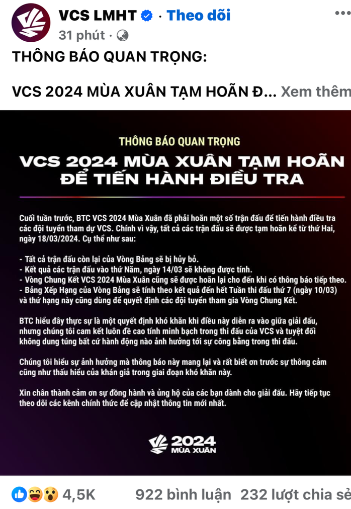 Esport: VCS 2024 tạm hoãn, tiến hành điều tra dấu hiệu tiêu cực- Ảnh 1.