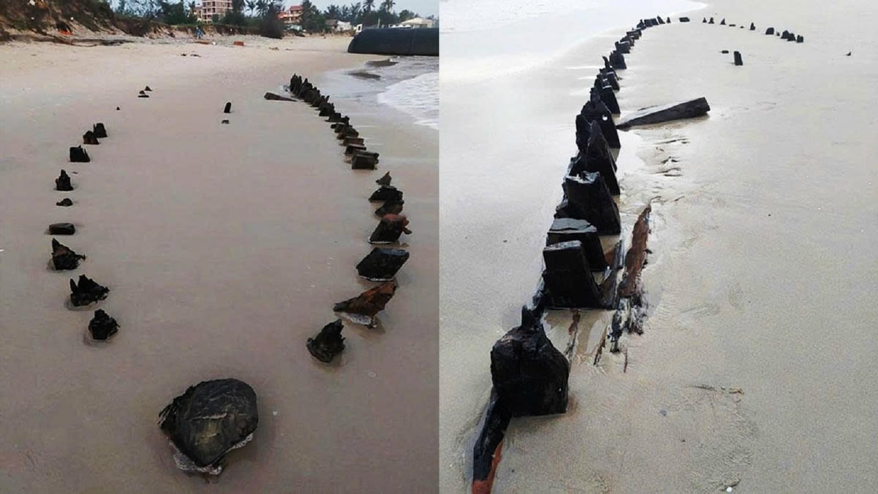 Close-up bangkai kapal kuno yang ditemukan di pantai Hoi An