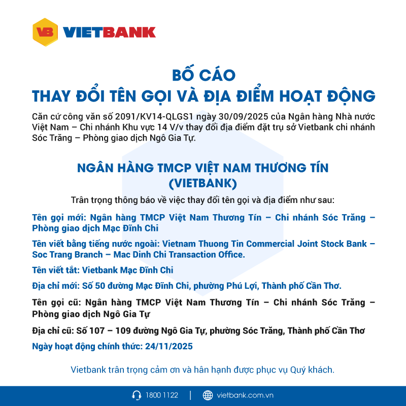 Vietbank bố cáo thay đổi tên gọi và địa điểm hoạt động PGD Mạc Đĩnh Chi