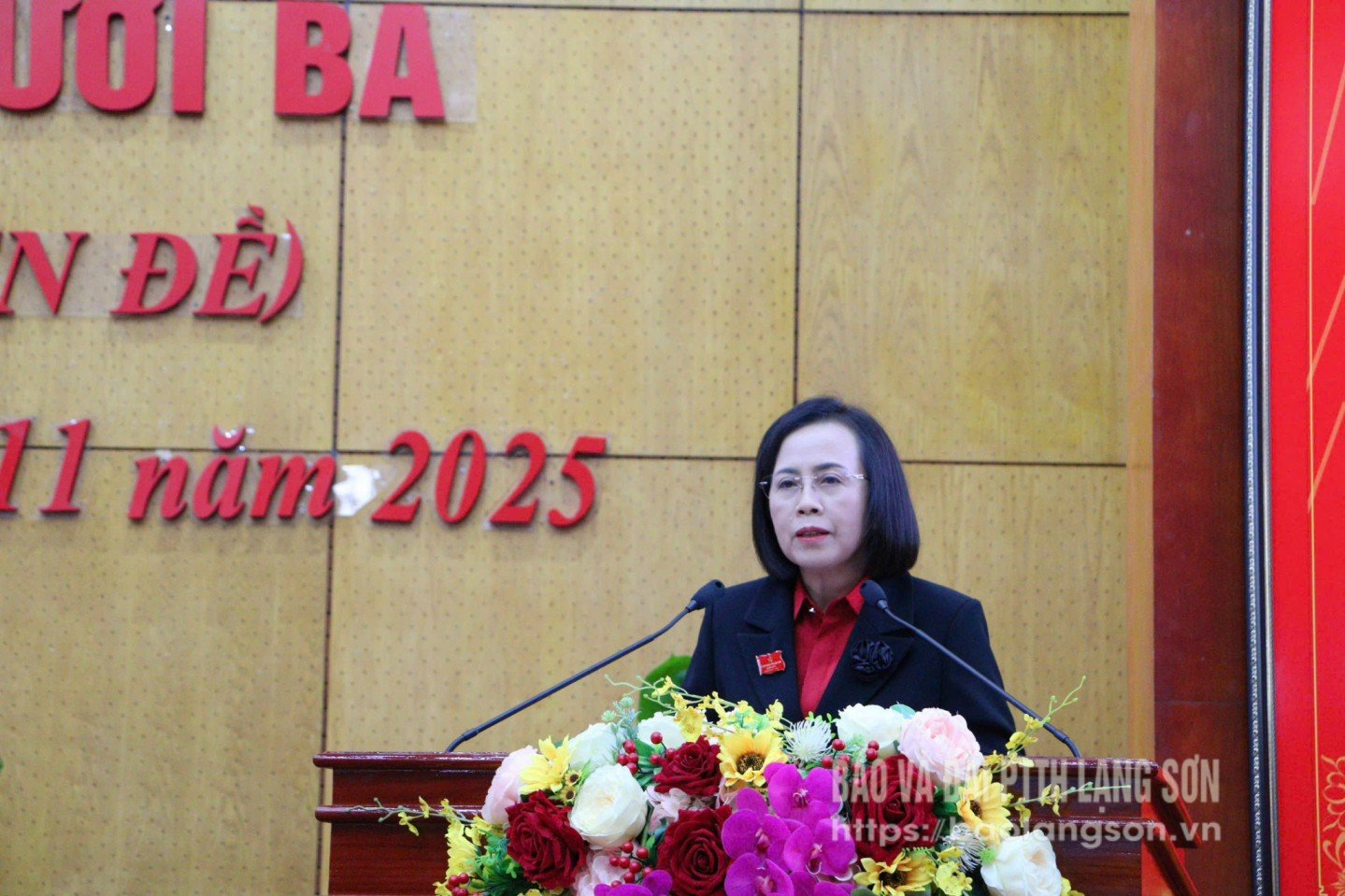 សមមិត្ត Doan Thi Hau លេខាអចិន្ត្រៃយ៍គណៈកម្មាធិការបក្សខេត្ត ប្រធានក្រុមប្រឹក្សាប្រជាជនខេត្ត ថ្លែងក្នុងកិច្ចប្រជុំ។