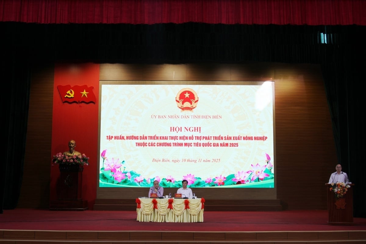 Ông Lò Văn Cương, Phó Chủ tịch UBND tỉnh và ông Lê Xuân Cảnh (người đang nói trước mic), Giám đốc Sở Nông nghiệp và Môi trường tỉnh Điện Biên tập huấn giải ngân các Chương trình MTQG năm 2025. Ảnh: Hoàng Châu. 