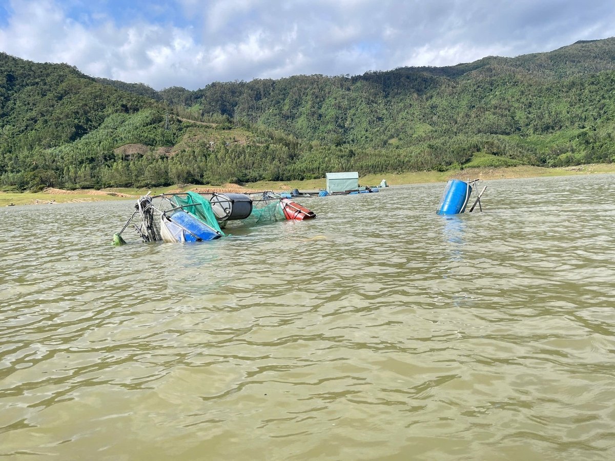 Nhiều ô lồng nuôi nuôi cá trong lòng hồ Định Bình bị bão số 13 nhấn chìm trong lòng hồ. Ảnh: V.Đ.T.