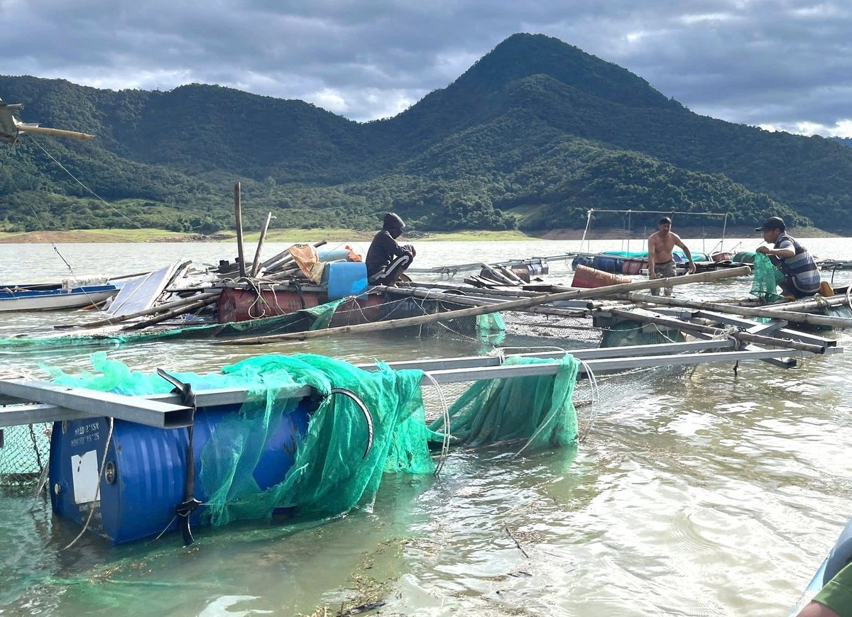 Người nuôi cá lồng bè trong lòng hồ Định Bình thu dọn 'tàn tích' những ô lồng còn sót lại sau bão số 13. Ảnh: V.Đ.T.
