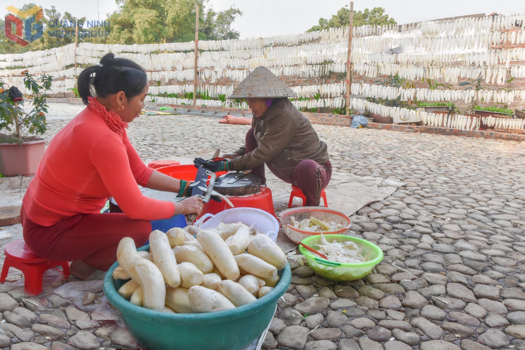 Obyvatelé obce Quang Tan zpracovávají ředkvičky na sušené ředkvičky.