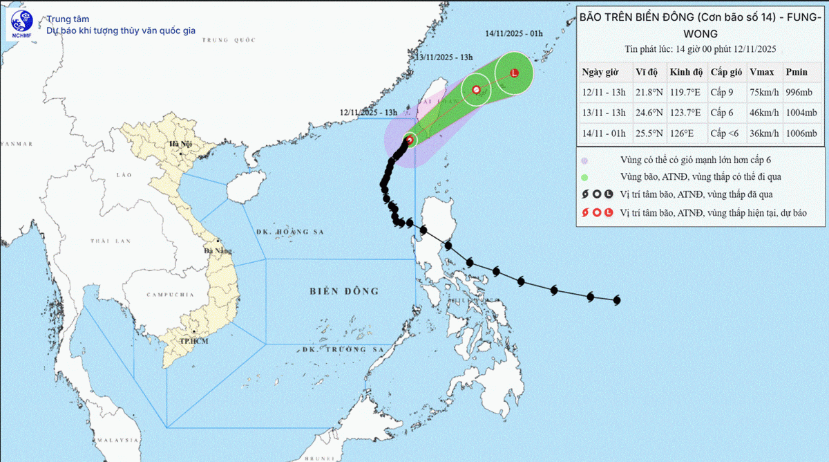 ศูนย์กลางของพายุตั้งอยู่ที่ละติจูดประมาณ 21.8 องศาเหนือ ลองจิจูด 119.7 องศาตะวันออก ในเขตทะเลตะวันออกเฉียงเหนือของทะเลตะวันออกเฉียงเหนือ (ภาพ: ศูนย์พยากรณ์อุทกวิทยาแห่งชาติ)