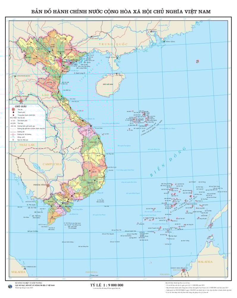 Bản đồ hành chính 34 tỉnh, thành phố tỷ lệ 1:9.000.000. Ảnh: Cục Đo đạc, Bản đồ và Thông tin địa lý Việt Nam.