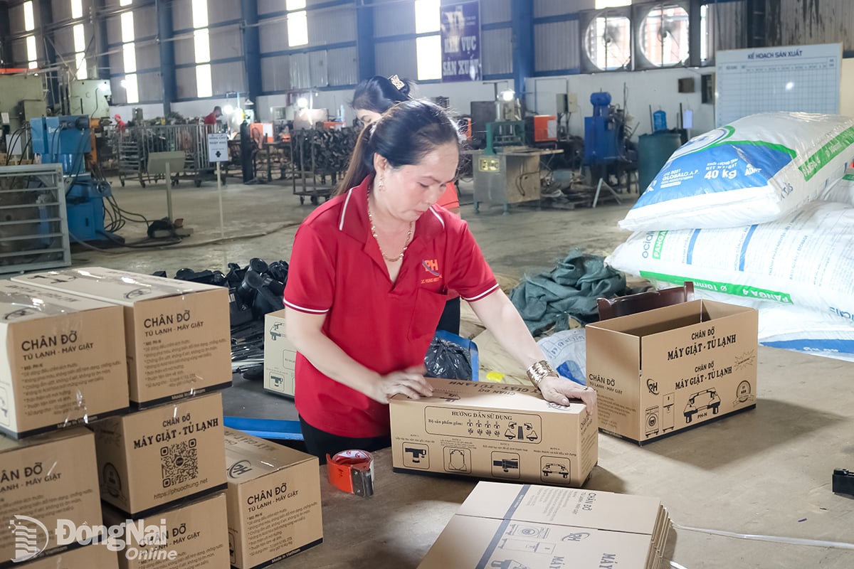 កម្មករ​ខ្ចប់​ផលិត​ផល​នៅ​ក្នុង​វួដ Long Binh ខេត្ត Dong Nai។ រូបថត៖ វឿង ធី