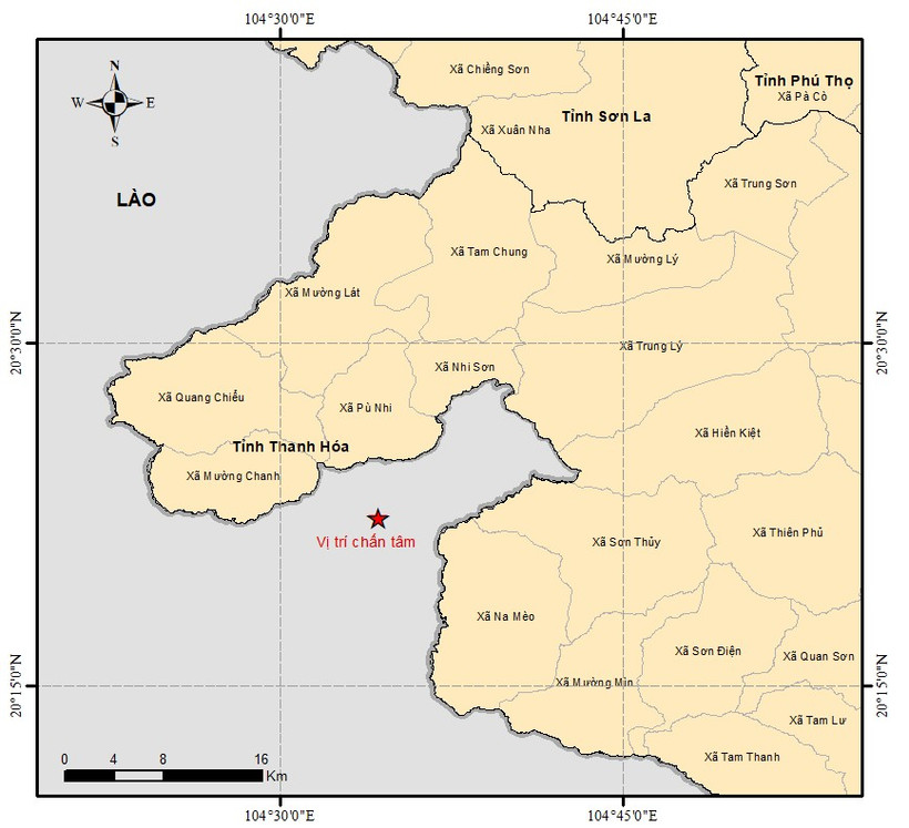 Động đất xảy ra tại khu vực tỉnh Houaphan (Lào) - cách biên giới Việt Nam ở tỉnh Thanh Hóa khoảng 5km. (Nguồn: Viện Các khoa học Trái đất)