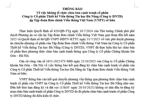 Thông báo về việc không tổ chức chào bán cạnh tranh cổ phần tại Công ty DNTD
