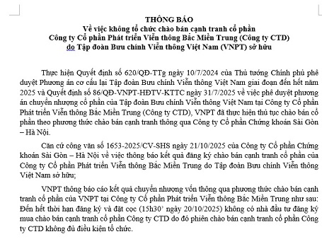Thông báo về việc không tổ chức chào bán cạnh tranh cổ phần tại Công ty CTD