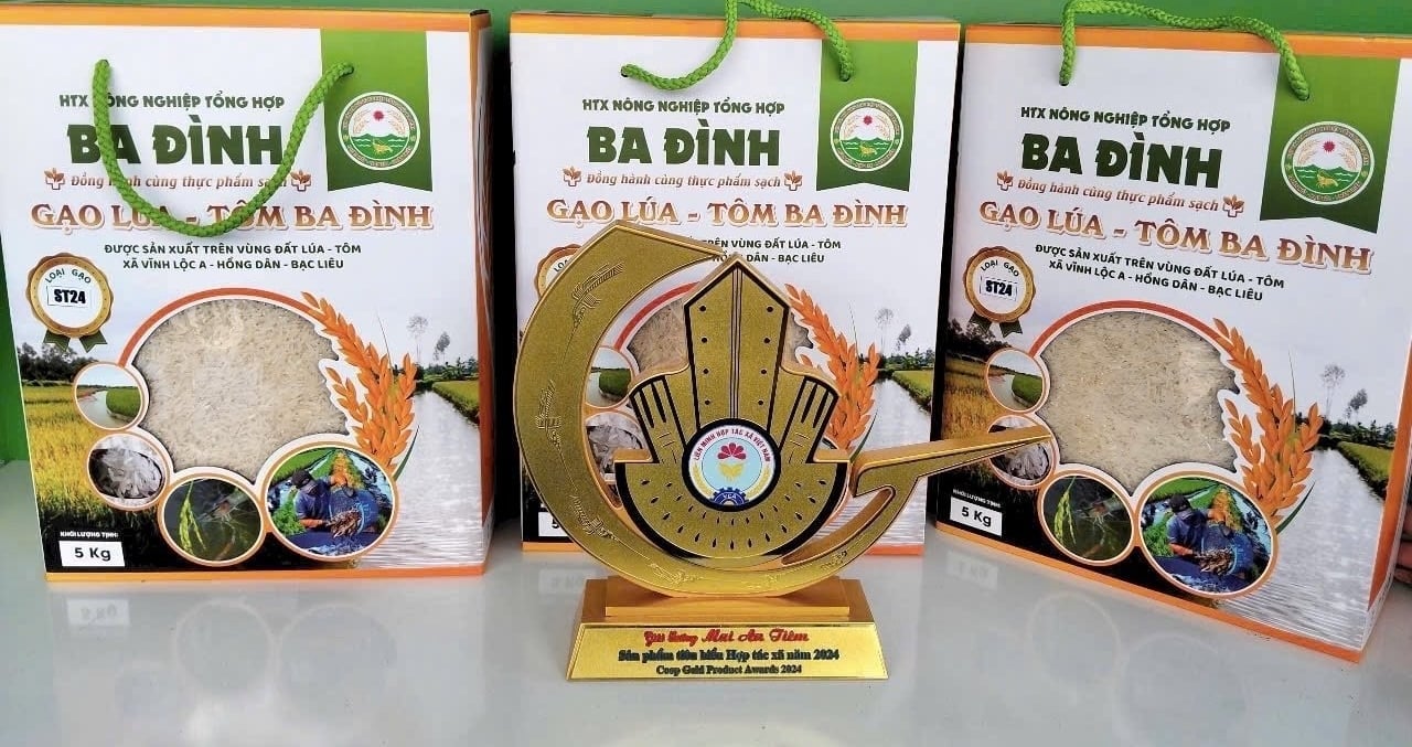 Thương hiệu 'Gạo lúa – tôm Ba Đình', được công nhận là sản phẩm OCOP 3 sao, đồng thời đạt Giải thưởng Mai An Tiêm – sản phẩm HTX tiêu biểu toàn quốc do Liên minh HTX Việt Nam bình chọn năm 2024. Ảnh: Trọng Linh.