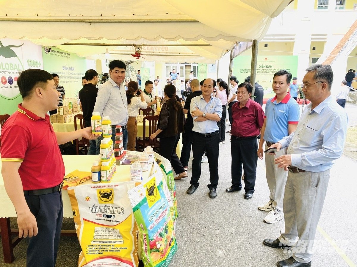 តំណាងក្រុមហ៊ុនរួមផ្សំជី Binh Dien បានឧទ្ទេសនាមផលិតផលពិសេសសម្រាប់ដើមដូងនៅវេទិកាកសិកម្មបៃតងនៅទីក្រុង Vinh Long។ រូបថត៖ Le Hoang Vu។ Đại diện Công ty Cổ phần Phân bón Bình Điền giới thiệu các dòng sản phẩm chuyên dụng cho cây dừa tại diễn đàn nông nghiệp xanh ở Vĩnh Long. Ảnh: Lê Hoàng Vũ.
