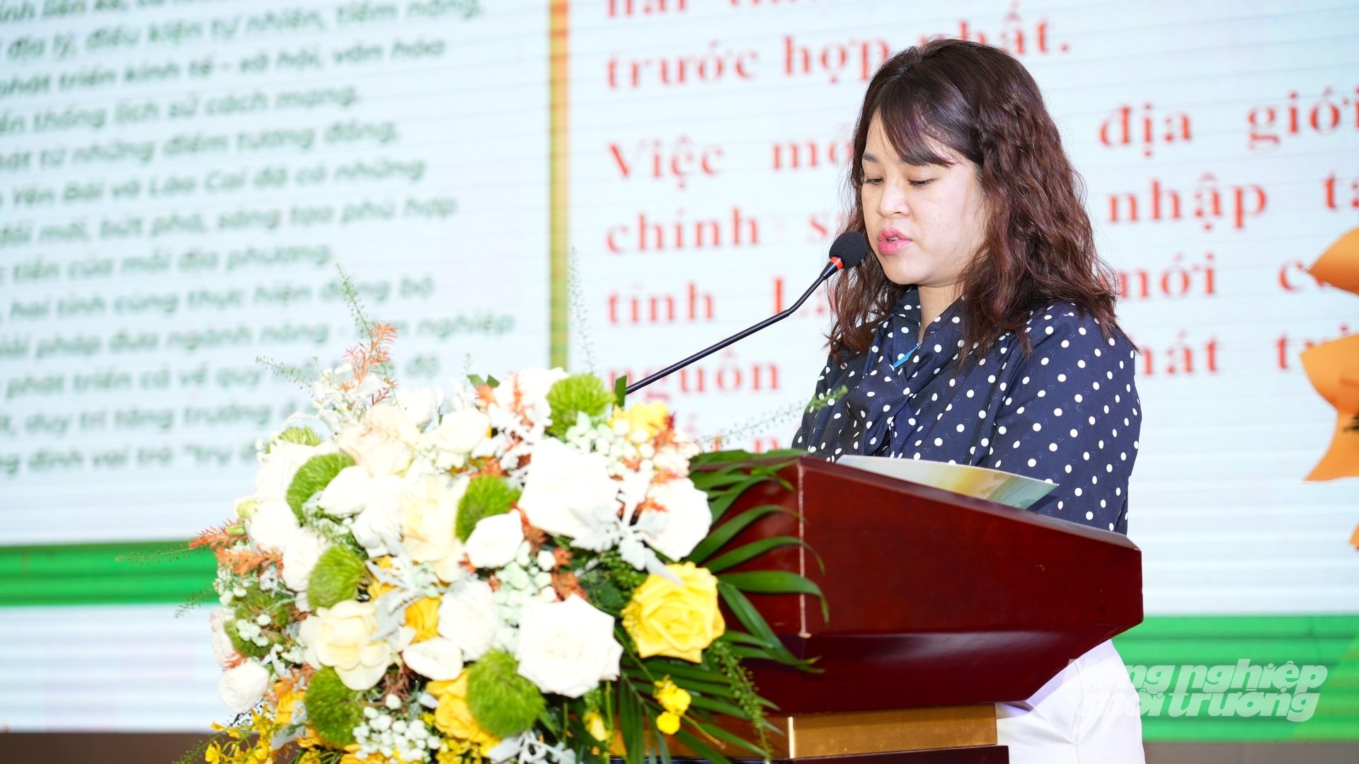 Bà Ma Thị Thu Hà, Trưởng phòng Trồng trọt và Bảo vệ thực vật - Chi cục Trồng trọt Bảo vệ thực vật và Chăn nuôi - Thủy sản Lào Cai trình bày tham luận tại hội thảo. Ảnh: Hùng Khang.