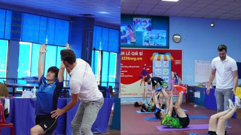 독일 전문가 마이크 버거가 응우옌 코아 디에우 칸 선수와 호찌민시 탁구팀 선수들의 체력 훈련을 지도하고 있다. (사진: HT)