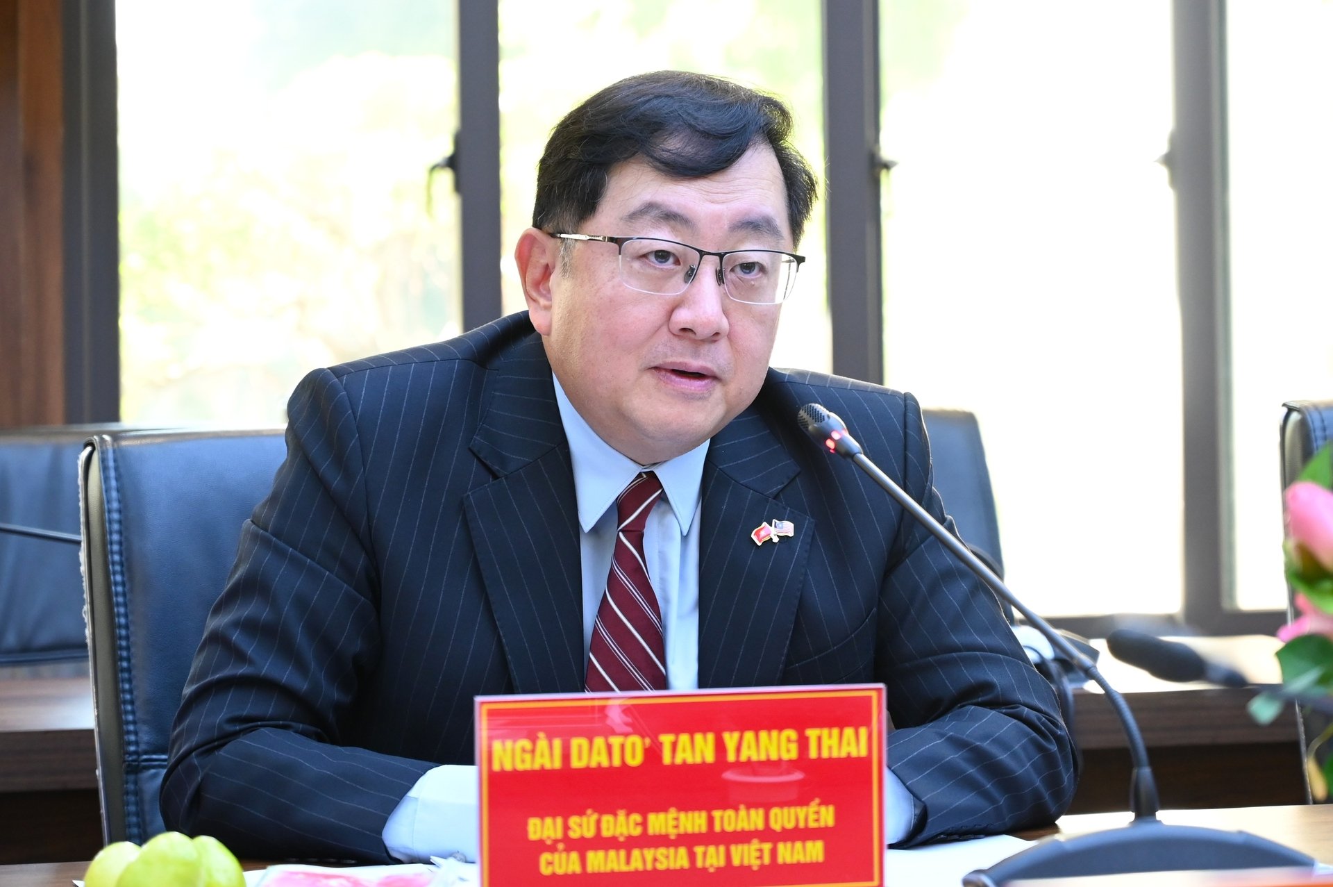 Ông Dato’ Tan Yang Thai, Đại sứ Malaysia tại Việt Nam, mong muốn nhận được hỗ trợ của Bộ trưởng Trần Đức Thắng về hợp tác trong các lĩnh vực cùng quan tâm: thương mại nông nghiệp, nông nghiệp xanh - số. Ảnh: Kiều Chi.