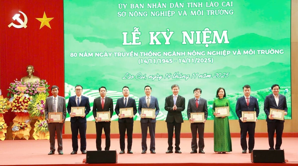 Ông Nguyễn Xuân Ân, Phó Vụ trưởng Vụ Tổ chức cán bộ, Bộ Nông nghiệp và Môi trường thừa ủy quyền của Bộ trưởng Bộ Nông nghiệp và Môi trường lên trao tặng Kỷ niệm chương cho các cá nhân. Ảnh: Thanh Ngà.