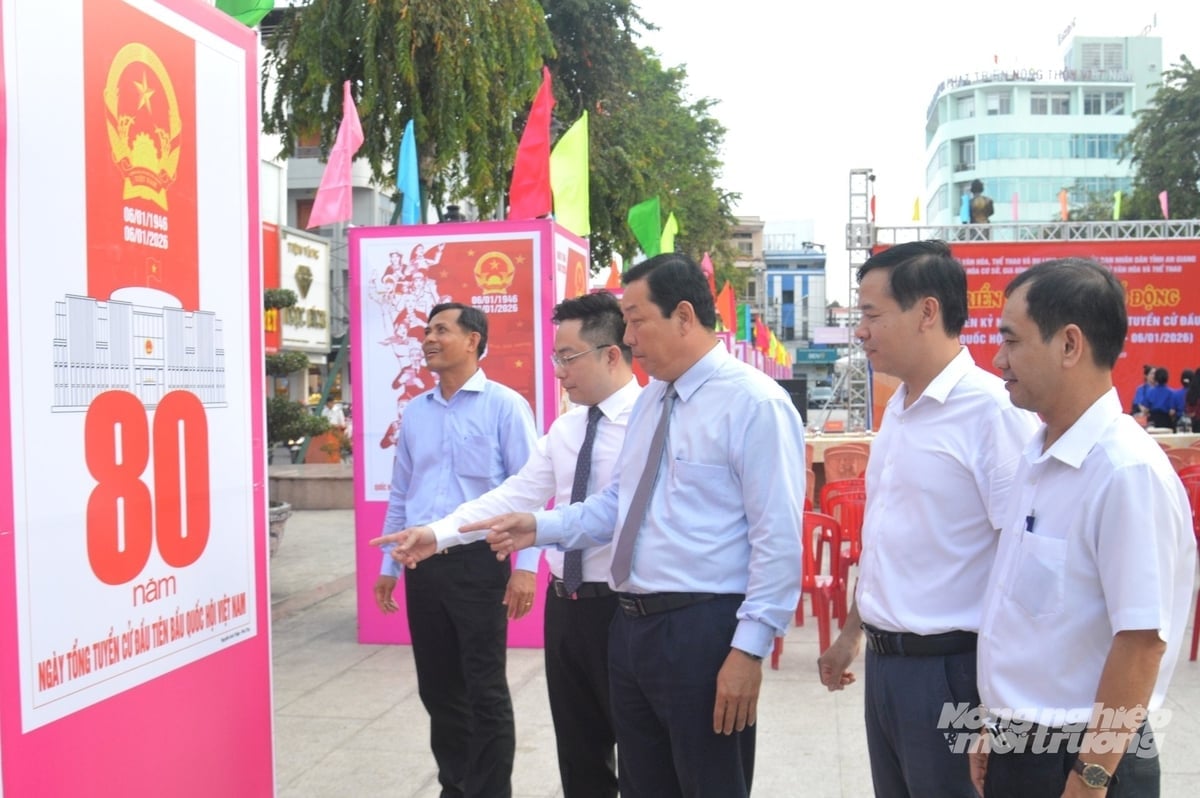 Các đại biểu xem tranh cổ động tấm lớn tuyên truyền kỷ niệm 80 năm Ngày Tổng tuyển cử đầu tiên bầu Quốc hội Việt Nam được trưng bày tại Công viên Nguyễn Trung Trực. Ảnh: Trung Chánh.