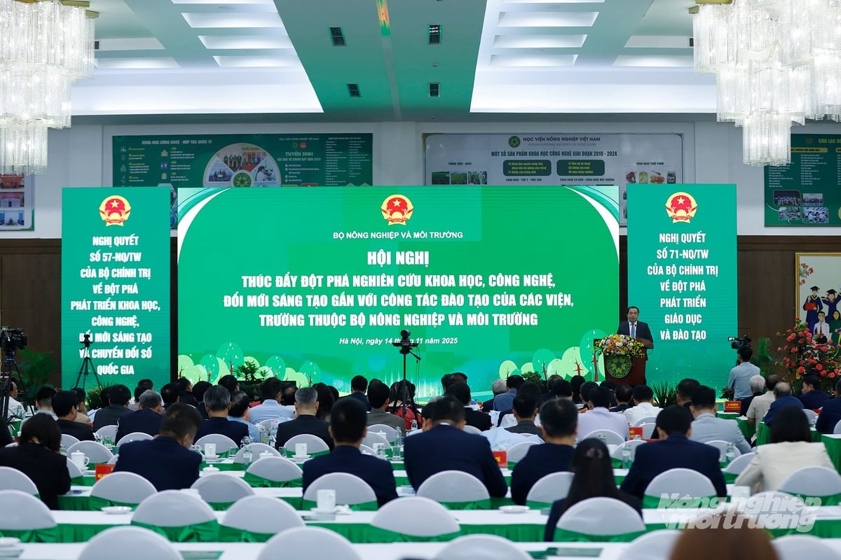 Toàn cảnh Hội nghị 'Thúc đẩy đột phá nghiên cứu khoa học, công nghệ, đổi mới sáng tạo gắn với công tác đào tạo của các viện, trường thuộc Bộ Nông nghiệp và Môi trường'. Ảnh: Khương Trung.