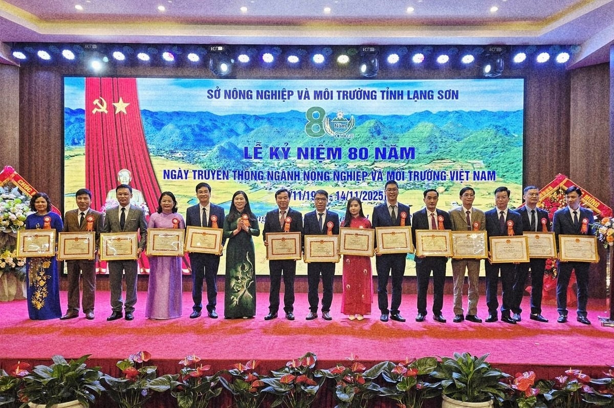 Các tập thể, cá nhân có thành tích xuất sắc nhận Bằng khen của Bộ trưởng Bộ NN-MT và Chủ tịch UBND tỉnh Lạng Sơn. Ảnh: Hoàng Nghĩa.