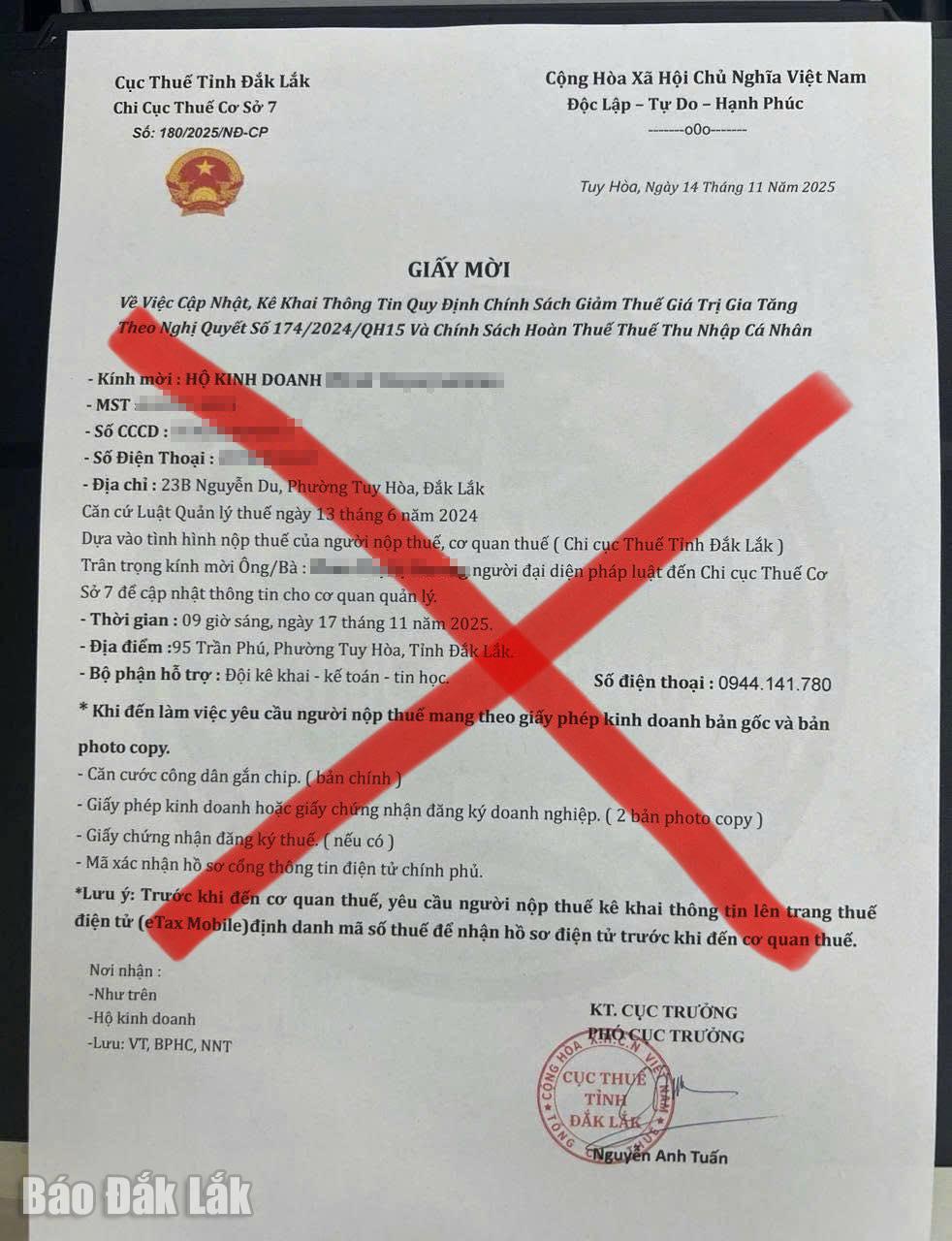 Convite falso se passando por autoridades fiscais. Foto: Fornecida pelas autoridades fiscais.