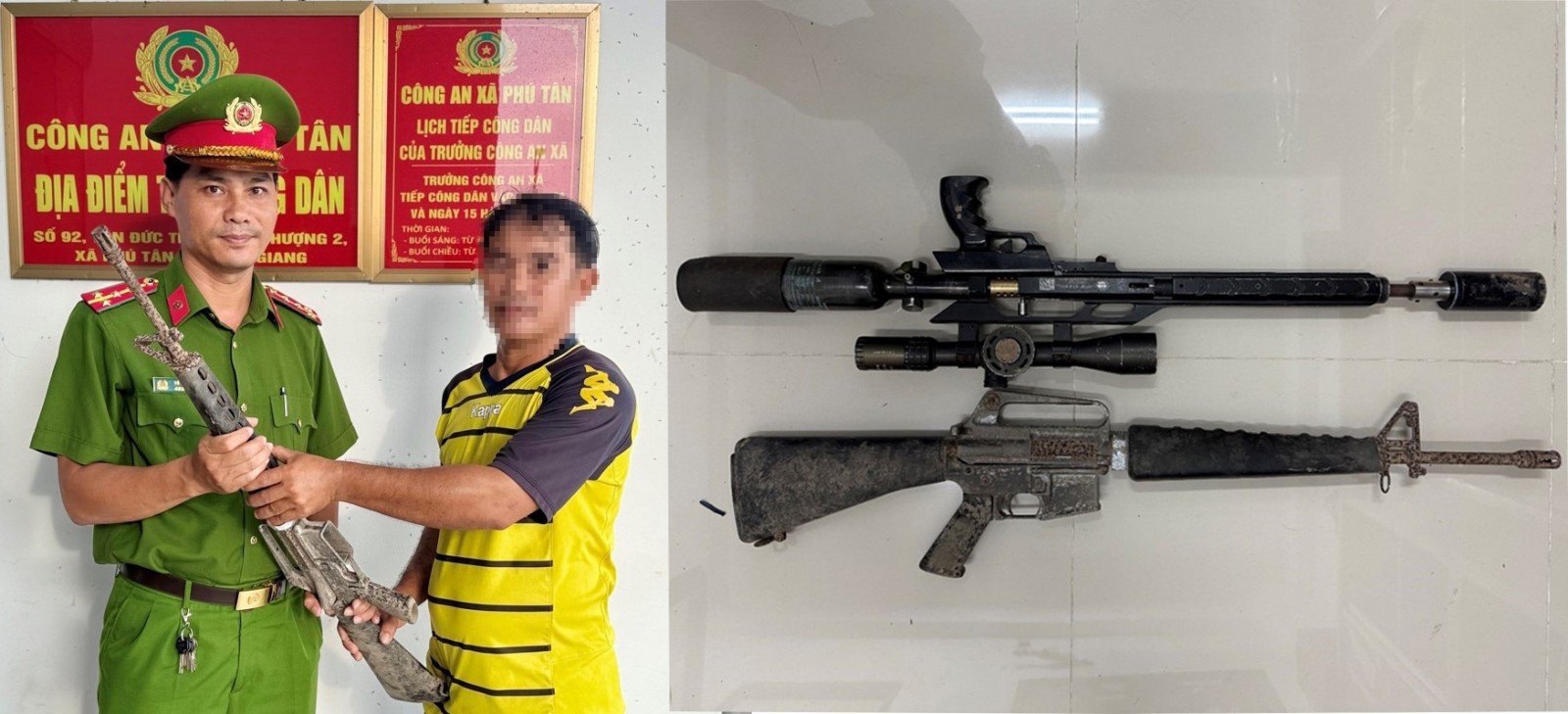 នគរបាលឃុំ Phu Tan បានប្រមូលមនុស្សប្រគល់អាវុធ និងទទួលបានកាំភ្លើង ២ ដើម។