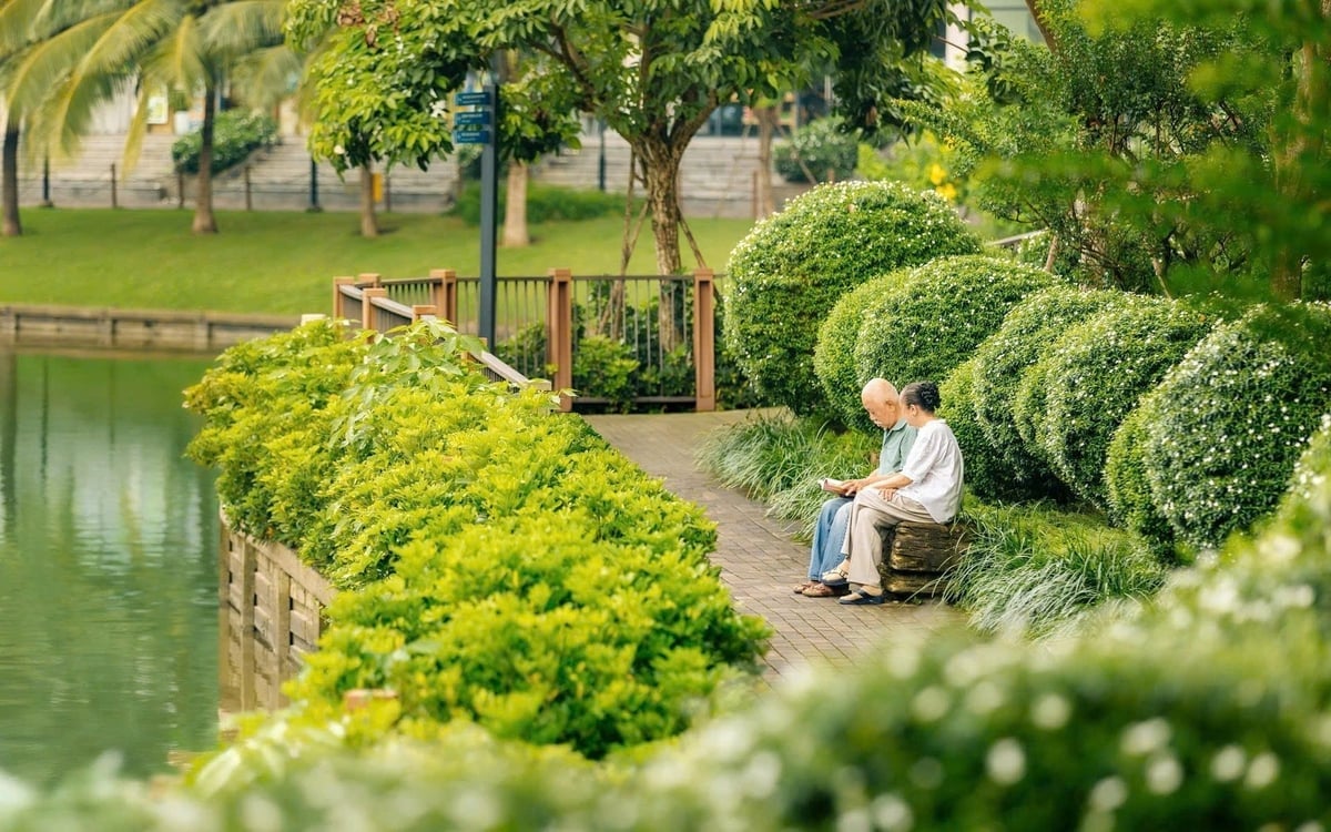 Ruang publik di kawasan perkotaan Nam Long cukup luas untuk menampung kegiatan komunitas, taman bermain anak-anak, dan pepohonan rindang bagi para lansia untuk menikmati semilir angin sepoi-sepoi. Foto: Nam Long. Không gian công cộng các khu đô thị Nam Long đủ rộng để tổ chức sinh hoạt cộng đồng, sân chơi cho trẻ, những tuyến cây bóng mát để người già hóng mát. Ảnh: Nam Long.