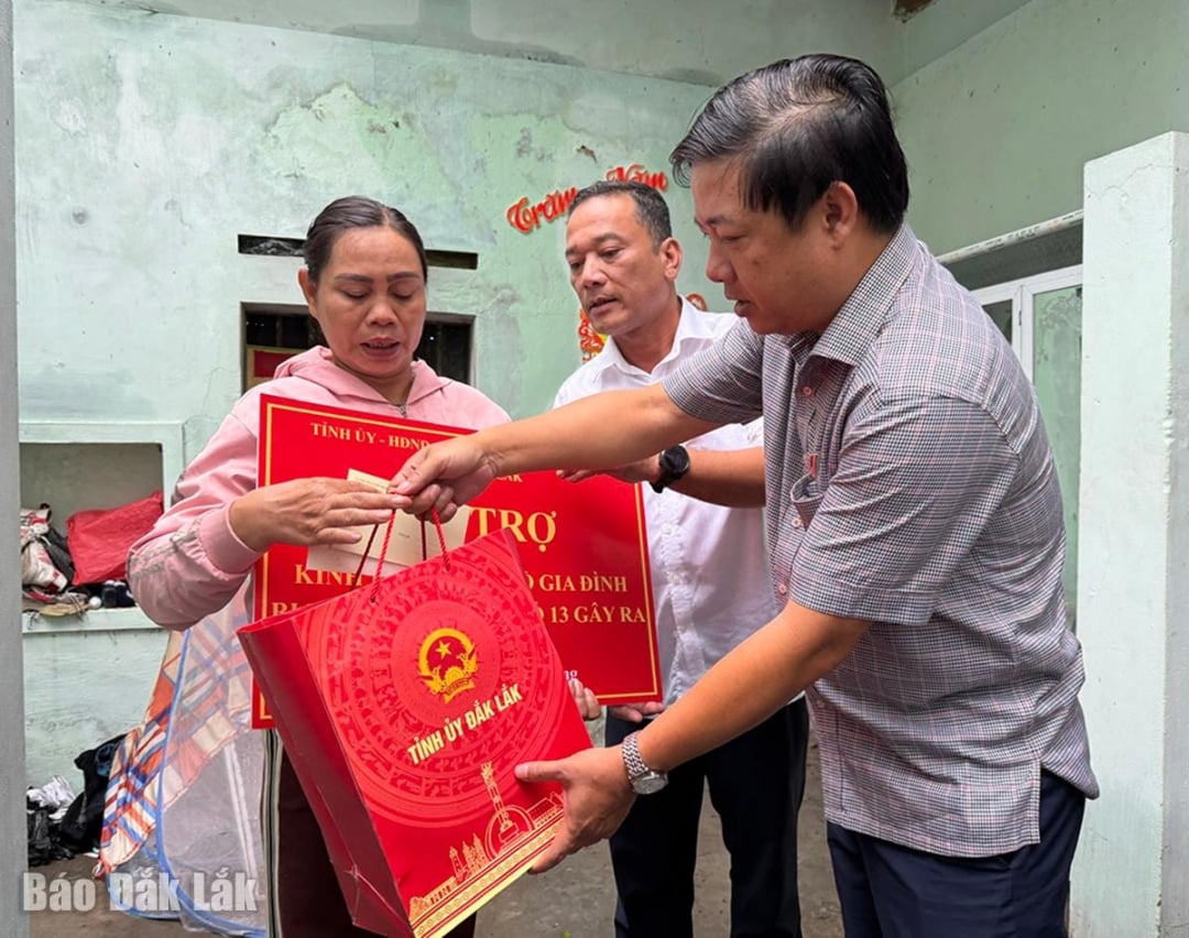 প্রাদেশিক পার্টির সম্পাদক লুওং নগুয়েন মিন ট্রিয়েট এবং উপ-প্রাদেশিক পার্টির সম্পাদক ওয়াই গিয়াং গ্রি নি নং ১৩ নম্বর ঝড়ে ক্ষতিগ্রস্ত একটি পরিবারকে উপহার প্রদান করেছেন।