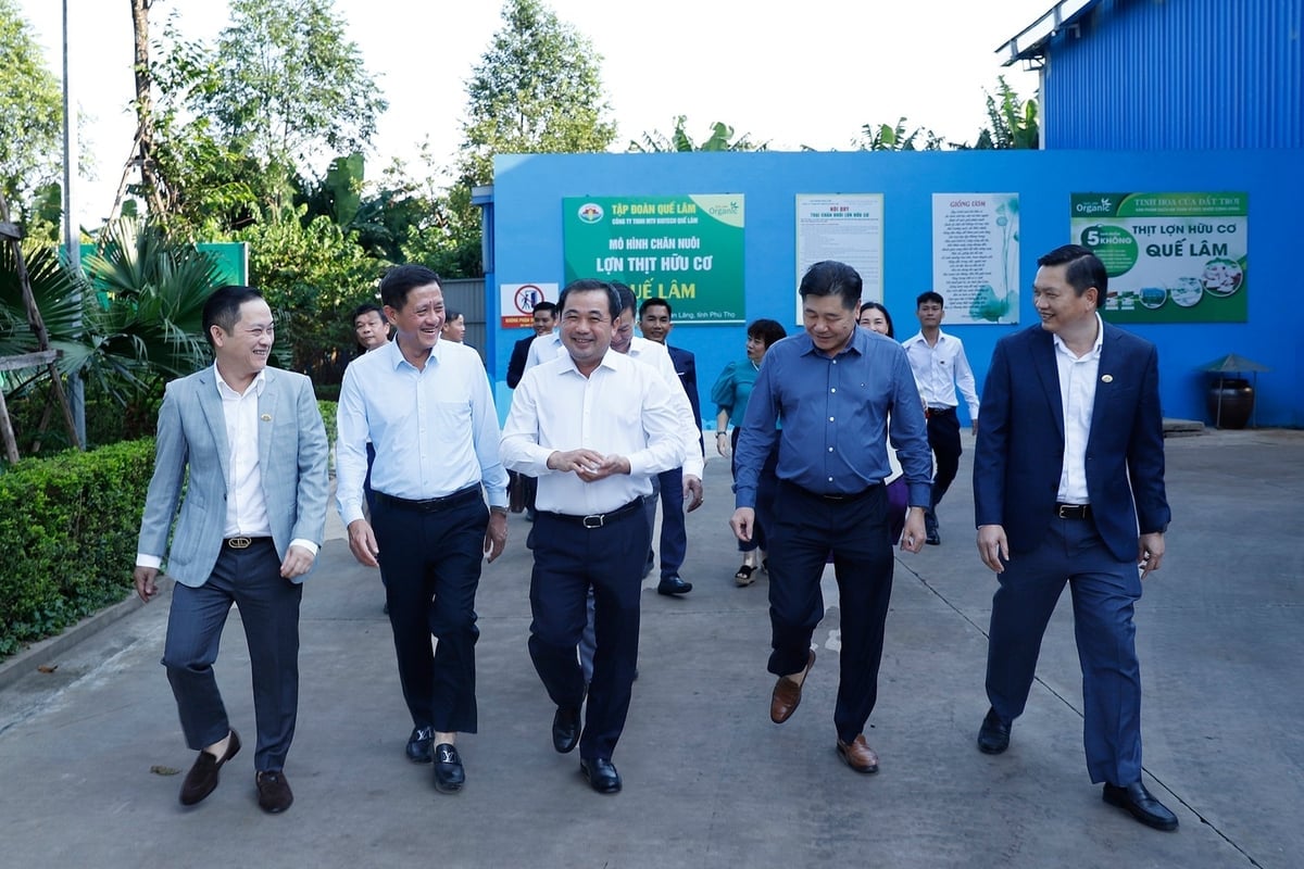Minister Tran Duc Thang besøker Que Lam-gruppens modell for økologisk landbruk og sirkulærøkonomi. Foto: Khuong Trung. Bộ trưởng Trần Đức Thắng thăm mô hình nông nghiệp hữu cơ, kinh tế tuần hoàn của Tập đoàn Quế Lâm. Ảnh: Khương Trung.