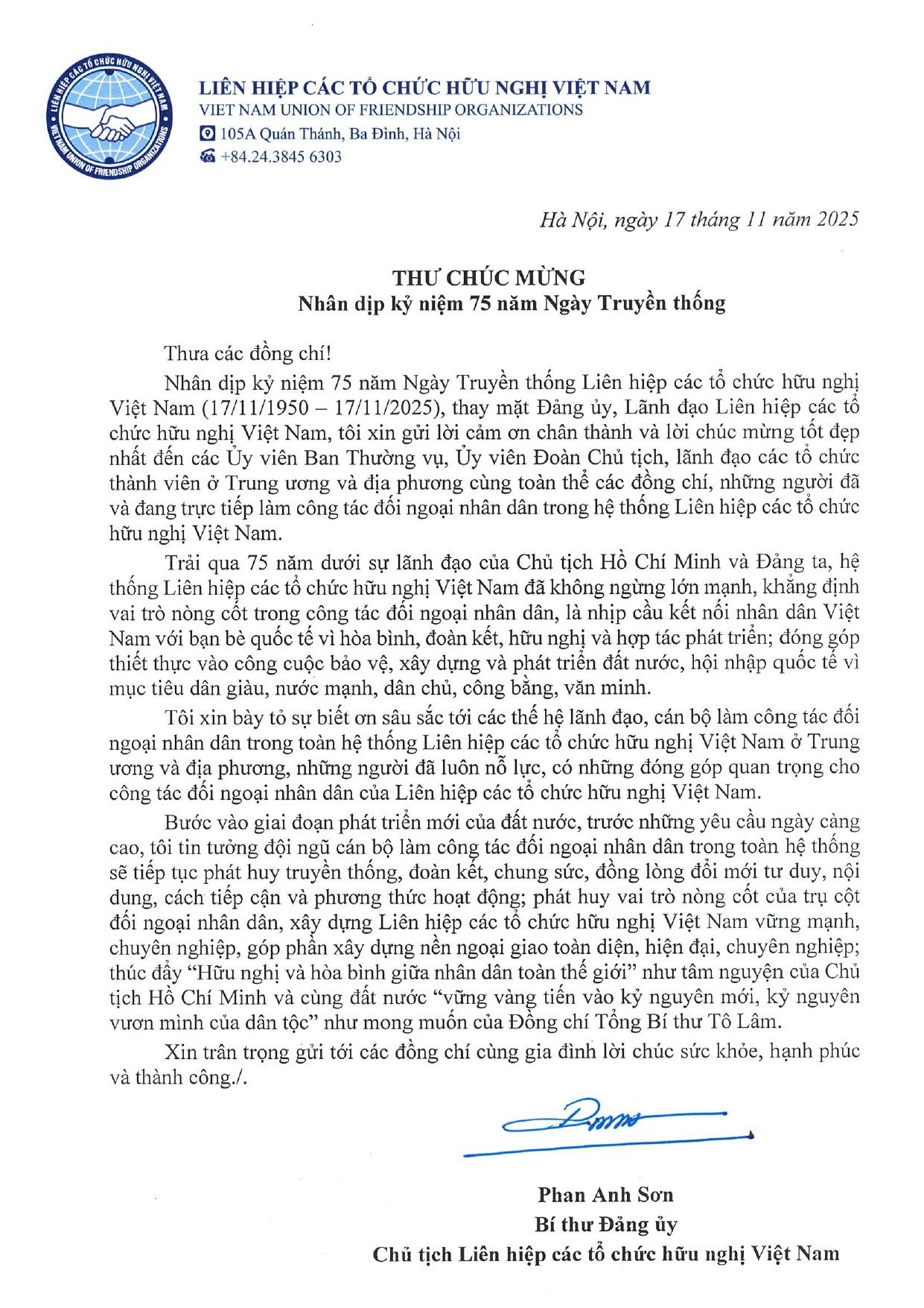 Felicitatiebrief ter gelegenheid van het 75-jarig jubileum van de Vietnamese Unie van Vriendschapsorganisaties, een traditionele dag Thư chúc mừng của Chủ tịch Liên hiệp các tổ chức hữu nghị Việt Nam