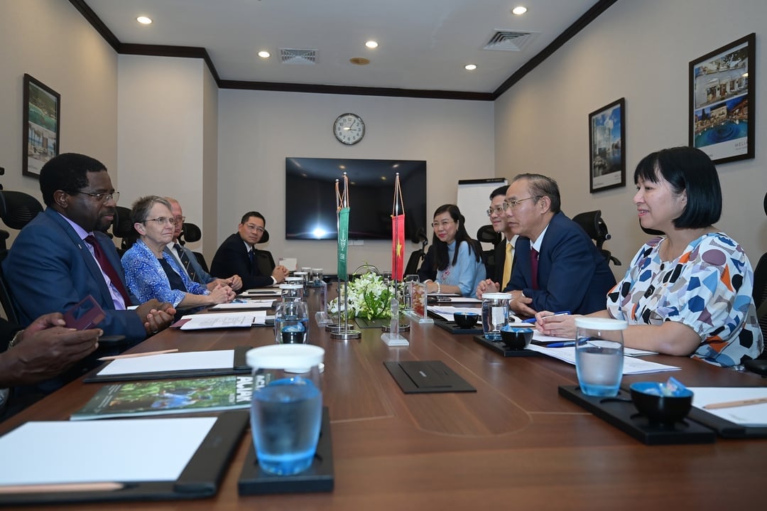 O vice-ministro Phung Duc Tien recebeu uma delegação bilateral de altos líderes do ILRI de todo o mundo por ocasião do seu 50º aniversário, no Vietname, em outubro de 2024. Foto: Tung Dinh. Thứ trưởng Phùng Đức Tiến tiếp song phương đoàn lãnh đạo cấp cao của ILRI toàn cầu nhân dịp kỷ niệm 50 năm thành lập tại Việt Nam, tháng 10/2024. Ảnh: Tùng Đinh.