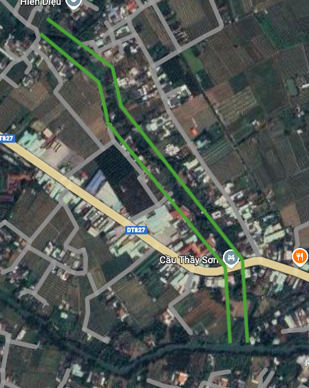 Sơ đồ vị trí tuyến đường ven rạch Thầy Sơn trên bản đồ vệ tinh.