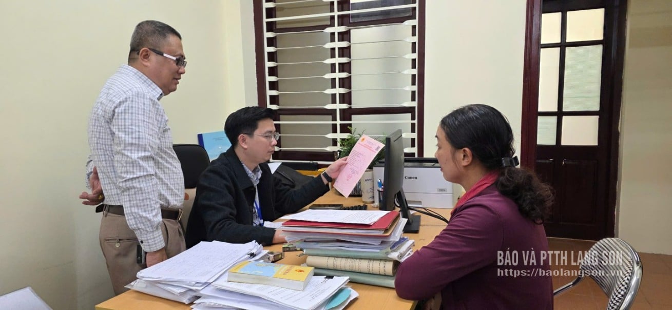 មន្ត្រីនៃនាយកដ្ឋានសេដ្ឋកិច្ច ហេដ្ឋារចនាសម្ព័ន្ធ និងទីក្រុងនៃវួដ Luong Van Tri ពិនិត្យព័ត៌មានទិន្នន័យដីធ្លី។