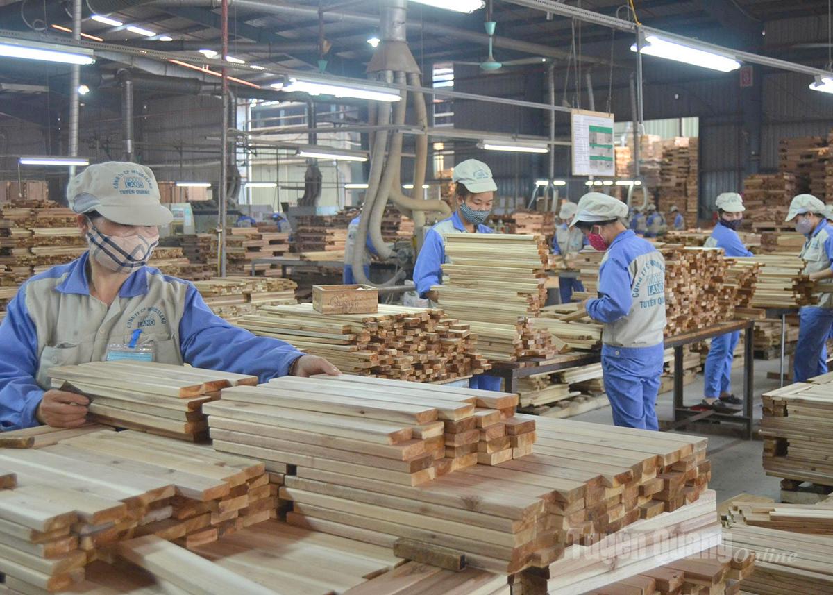 ຄົນງານເຮັດວຽກຢູ່ໂຮງງານປຸງແຕ່ງໄມ້ເພື່ອສົ່ງອອກຂອງບໍລິສັດຫຸ້ນສ່ວນ Woodsland ຕວຽນກວາງ.