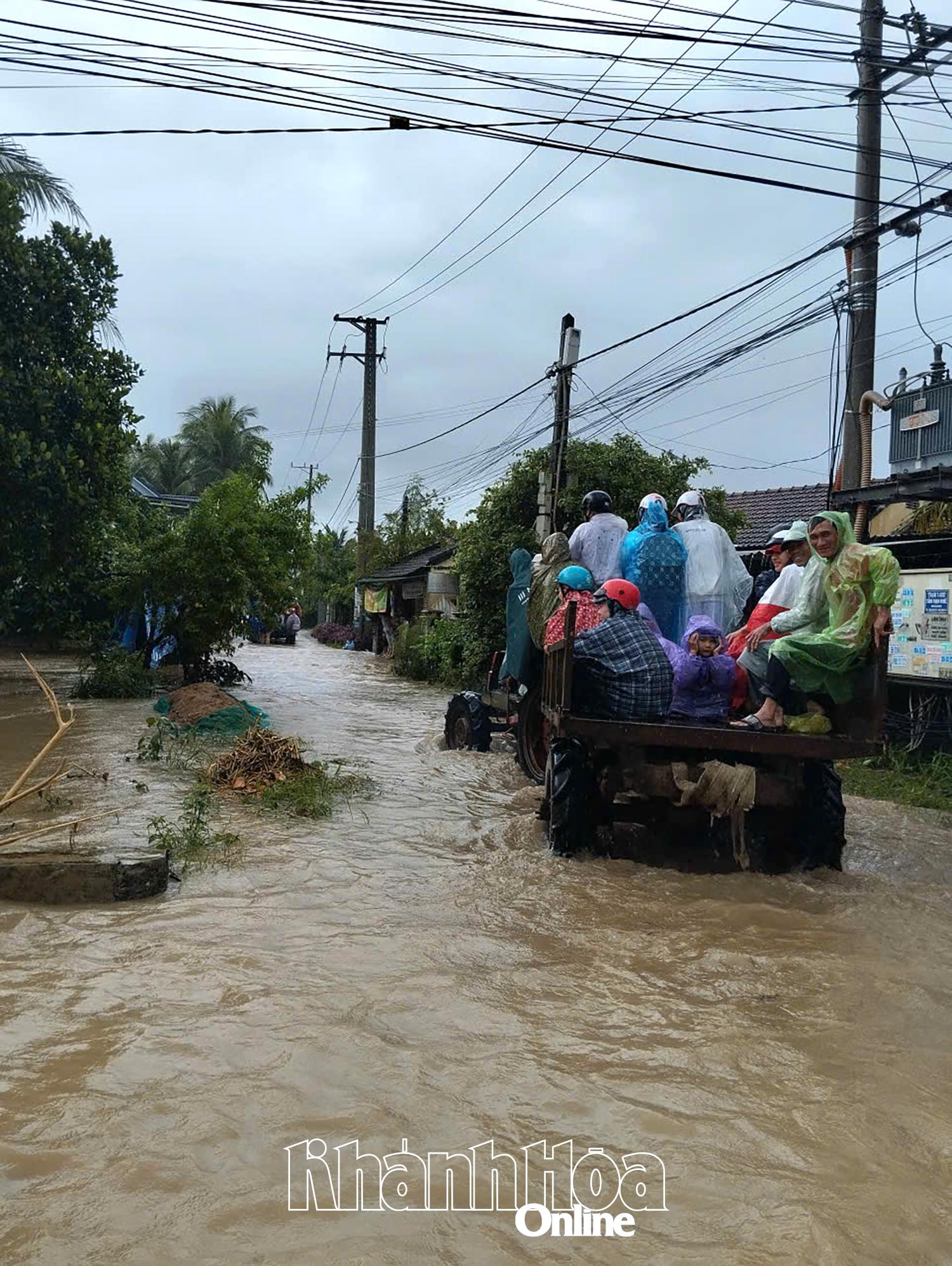 Địa phương huy động phương tiện tại chỗ (xe công nông) đưa người dân khu vực ngập sâu đến nơi an toàn.