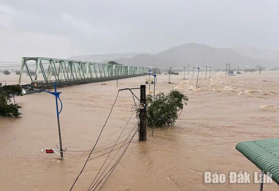 Air hampir merendam tiang listrik di komune Dong Xuan.